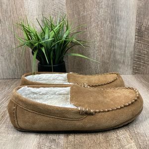Lands' End Women's Faux Fur Lined Suede Moccasins Slippers Tan Brown Size 9B